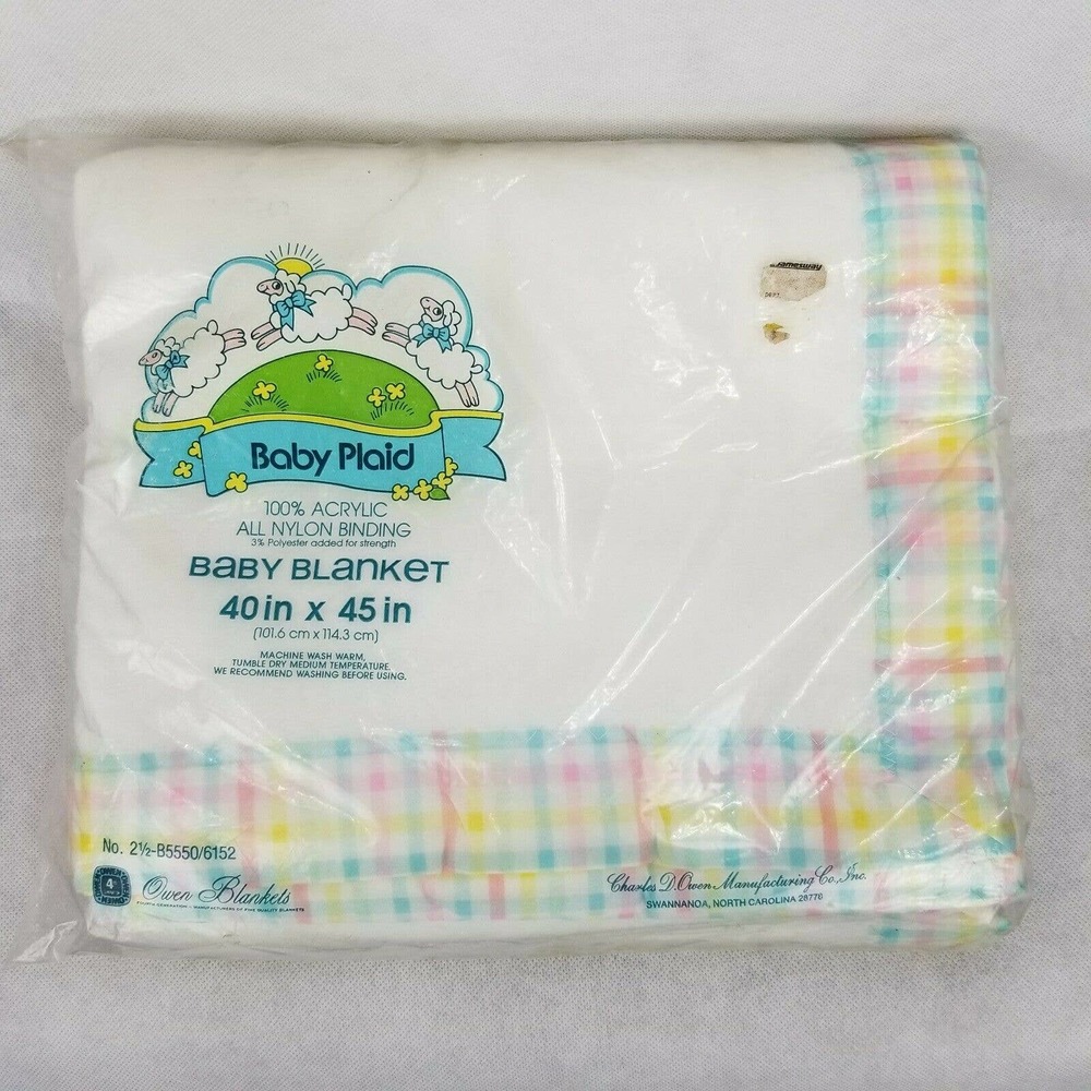 Vintage White Pastel Plaid Acrylic Baby Blanket Nylon Trim USA Owen New NOSA
